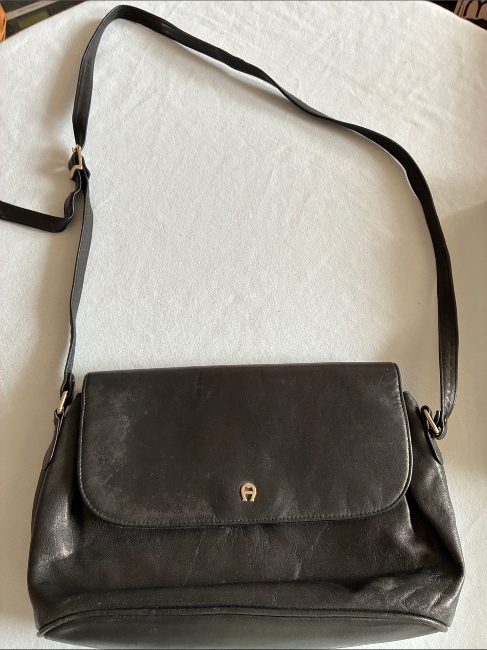 Vintage Etienne Aigner Black Leather Shoulder Bag with Gold-Tone Logo
